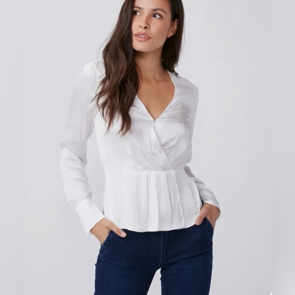 Paige Women's White Surplice Neck Long Sleeve Faux Wrap Blouse Large